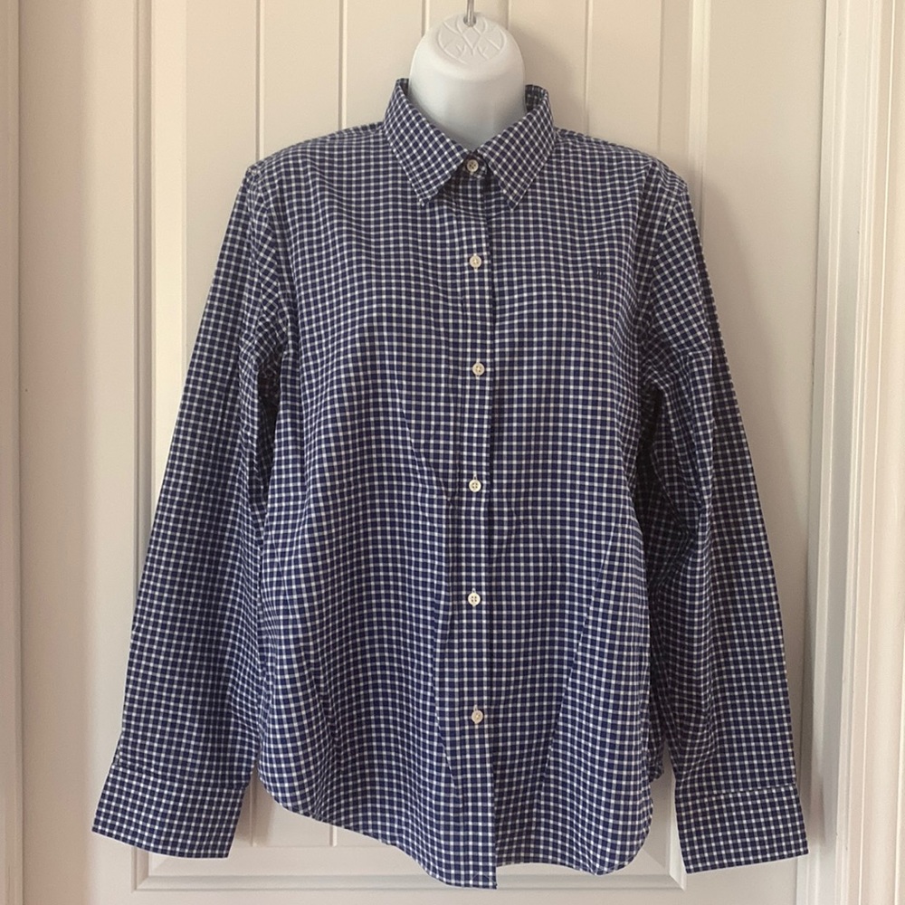 LAUREN WOMEN RALPH LAUREN Blue Checkered Classic Fit Blouse Shirt Large